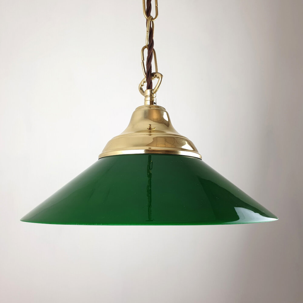 brass cap pendant with green cone glass shade