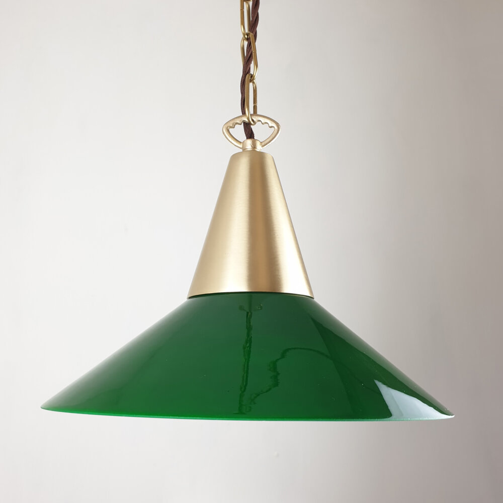 brass cone pendant with green cone glass shade