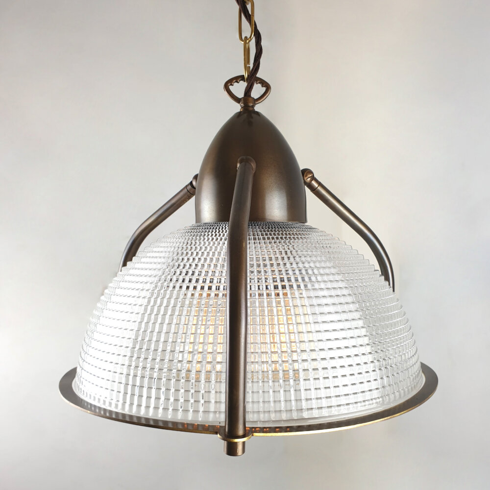 three arm brass pendant with holophane glass shade
