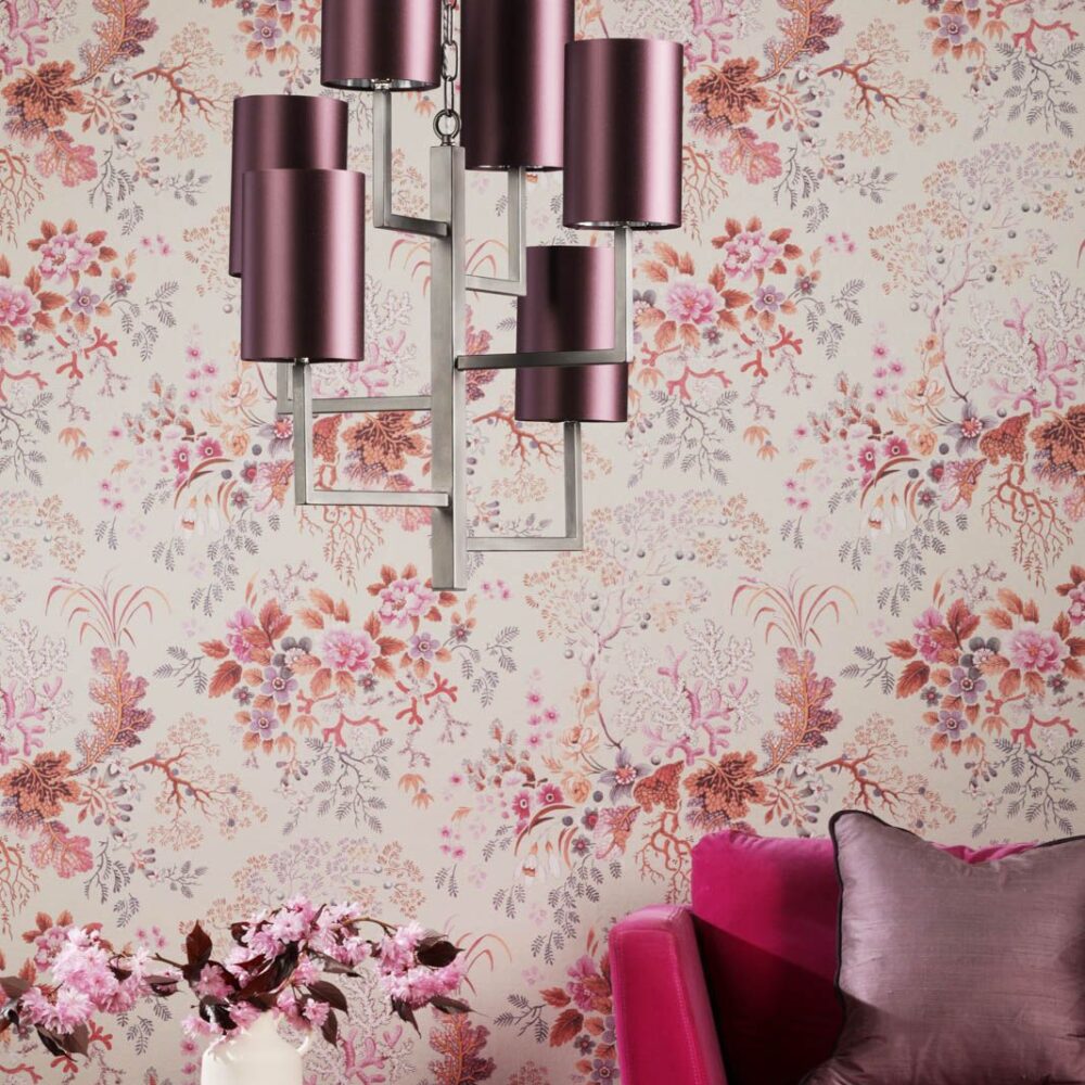 six light angular brass pendant with purple fabric shades