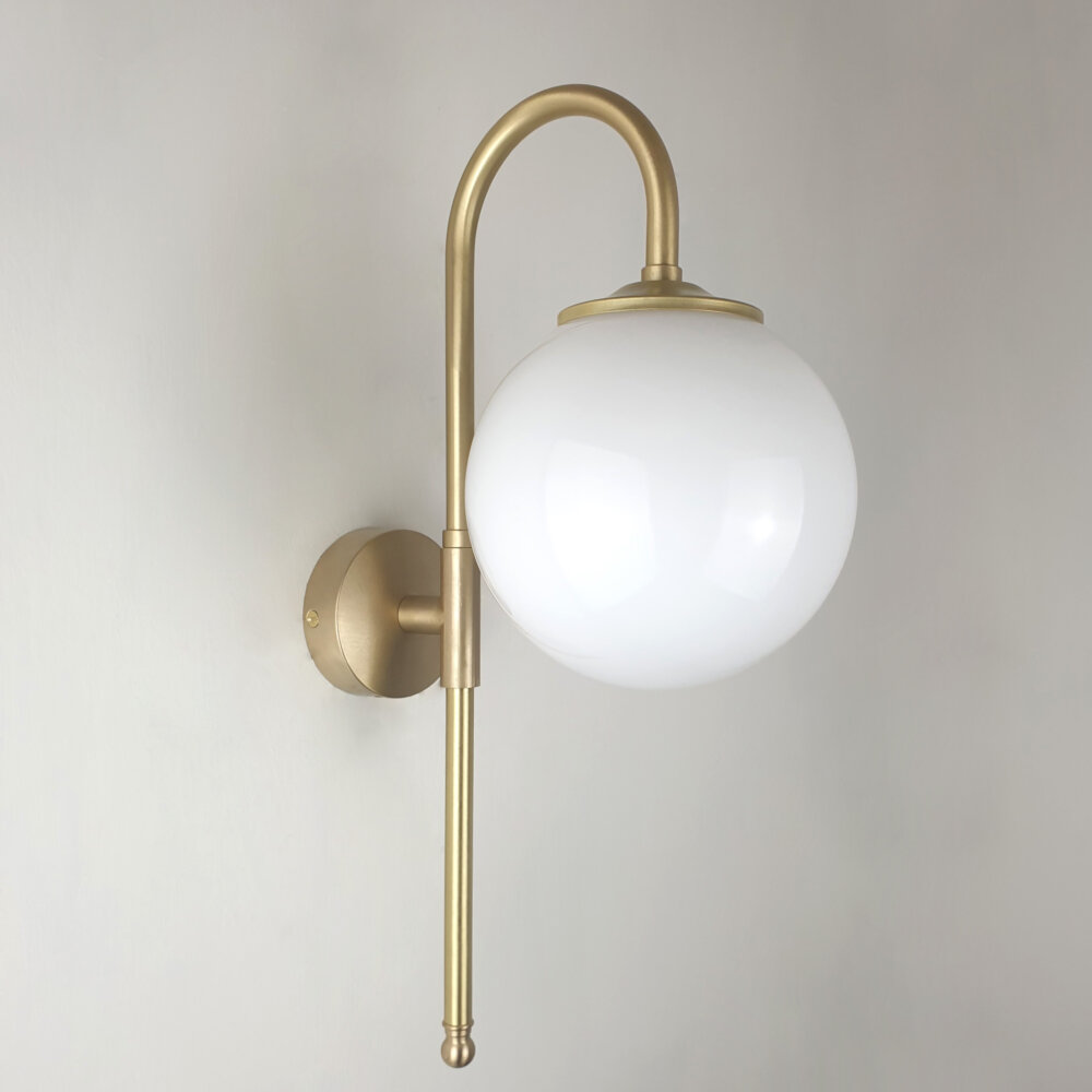 swan neck brass wall light with opal globe