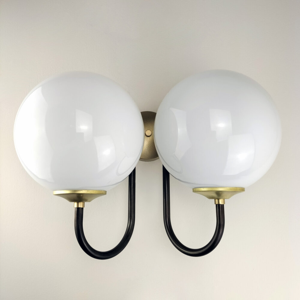 double arm swan neck wall light with opal glass globes
