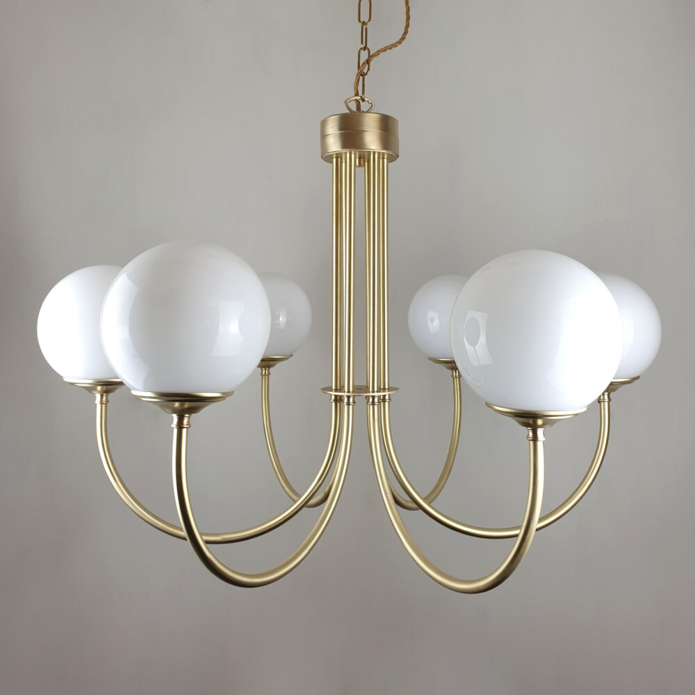 Six arm swan neck chandelier in satin brass finish with opal glass globes