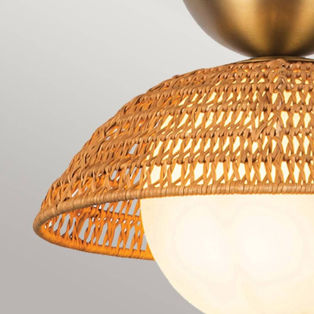Opal Glass & Brushed Gold Pendant with Golden Rattan Shade Ceiling