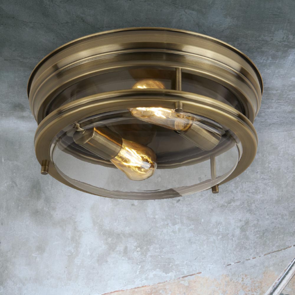Clear Glass Antique Brass Flush Light Cl 38583